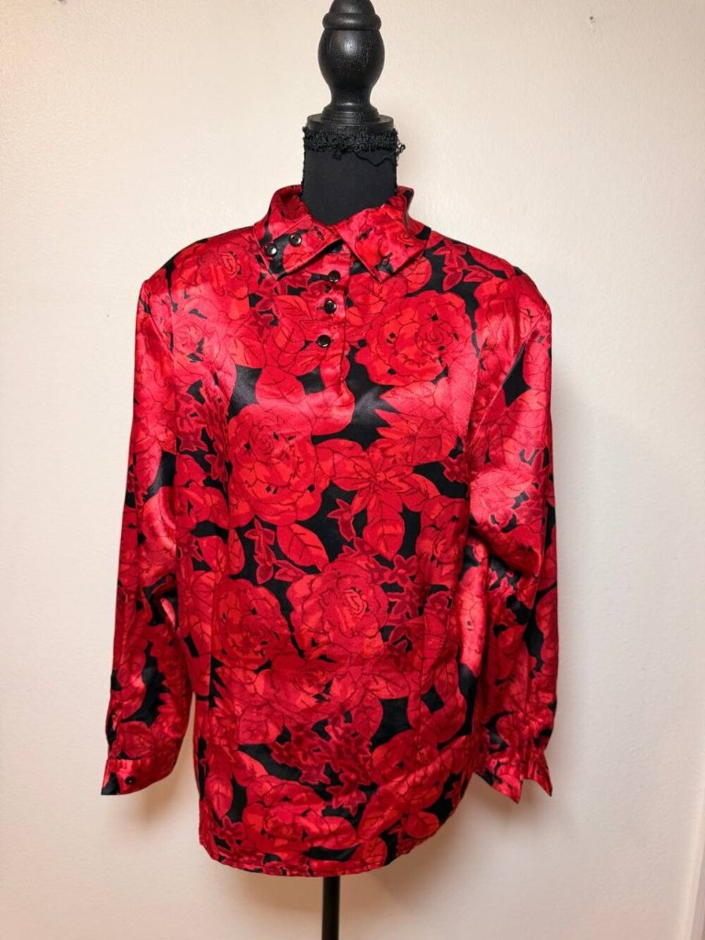 Rafaella Red Rose Print Satin Blouse Vintage Romantic Style